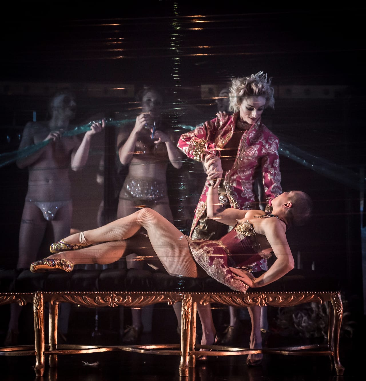 Hilly Bodin as Snow White (seated) and Courtney Giannone as The Prince (standing) in Company XIV's 'Snow White' (click to enlarge)