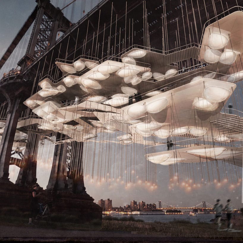 "Constellation Park" rendered on the Manhattan Bridge, designed by the Death Lab at Columbia University's Graduate School of Architecture, Planning and Preservation (courtesy Death Lab)