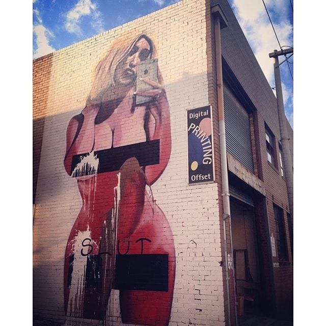 Lushsux's Kim Kardashian mural after it was vandalized (photo by @ryancreevey/Instagram)