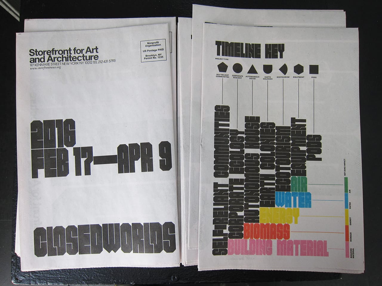 Design brochures for 'Closed Worlds' at Storefront for Art and Architecture (photo by the author for Hyperallergic)