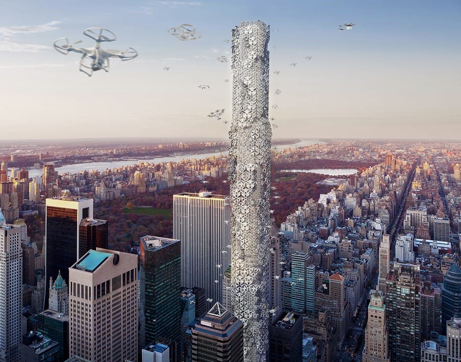 Hadeel Ayed Mohammad, Yifeng Zhao, and Chengda Zhu, “The Hive: Drone Skyscraper,” second place winner in the 2016 eVolo Skyscraper Competition. 