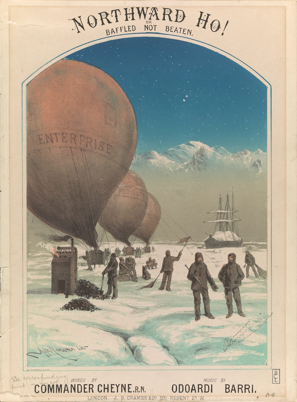 Sheet music for “Northward Ho!, or, Baffled, Not Beaten” (London, 1879) with words by Commander John P. Cheyne; music by Odoardi [i.e. Odoardo] Barri (courtesy Smithsonian Libraries)