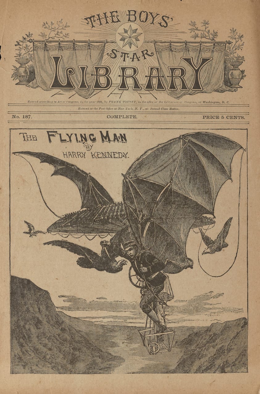 The flying man, or, The adventures of a young inventor, by Harry Kennedy, 1891. Item scanned for use in Fantastic Worlds Exhibition. Barcode 39088000553230 Call no. PZ7 .K35 1891