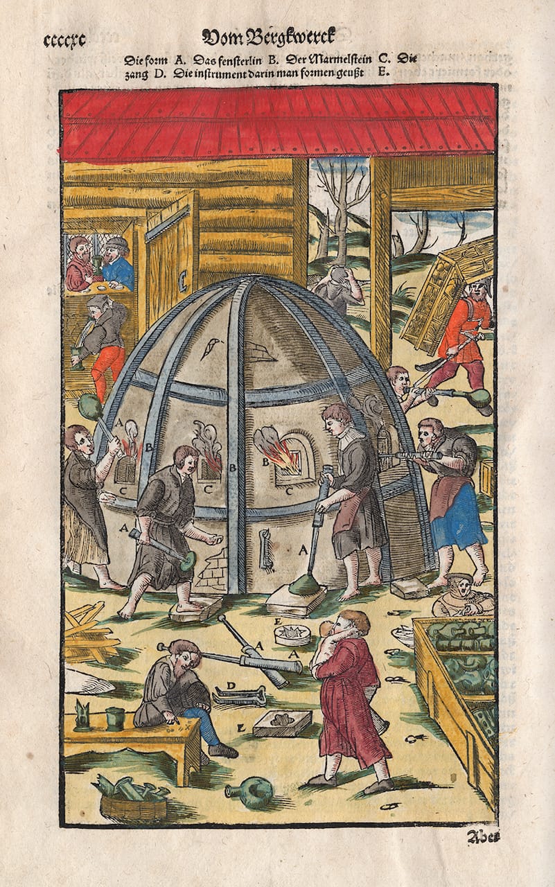 Georg Agricola, "Glass furnace with workers," from 'In De re metallica' [Berckwerck Buch, Frankfurt-am-Main, 1580, p. cccxc] (courtesy Rakow Research Library, The Corning Museum of Glass)