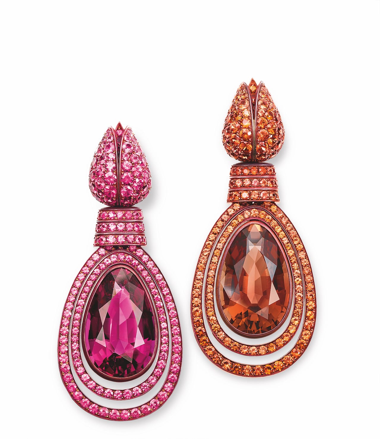 Hemmerle (Munich, Germany, founded 1893); Earrings, 2013; Copper, white gold, sapphires, spinels, rubellite, tourmaline; Each, approx.: 6.7 ◊ 2.9 ◊ 1.3 cm (2 5/8 ◊ 1 1/8 ◊ 1/2 in.)