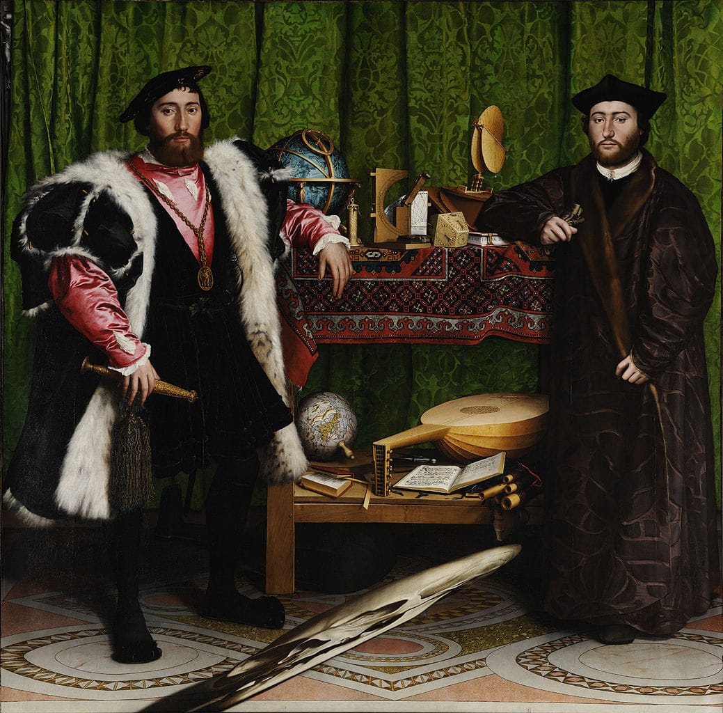 Hans Holbein the Younger, "The Ambassadors" (1533), oil on oak (via National Gallery/Wikimedia)