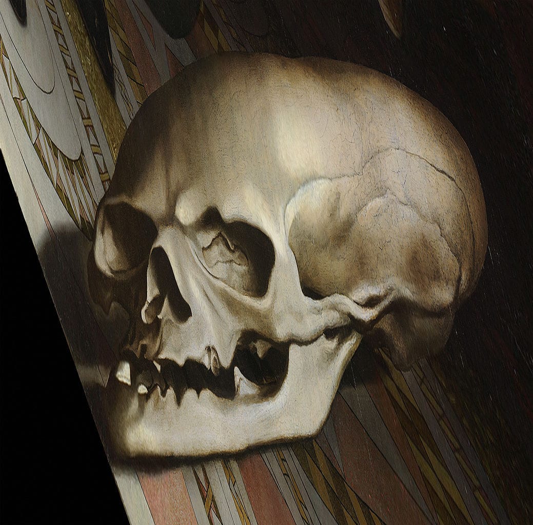 Detail of the skull when viewed from an angle in "The Ambassadors" (1533) (via Thomas Shahan/Wikimedia)