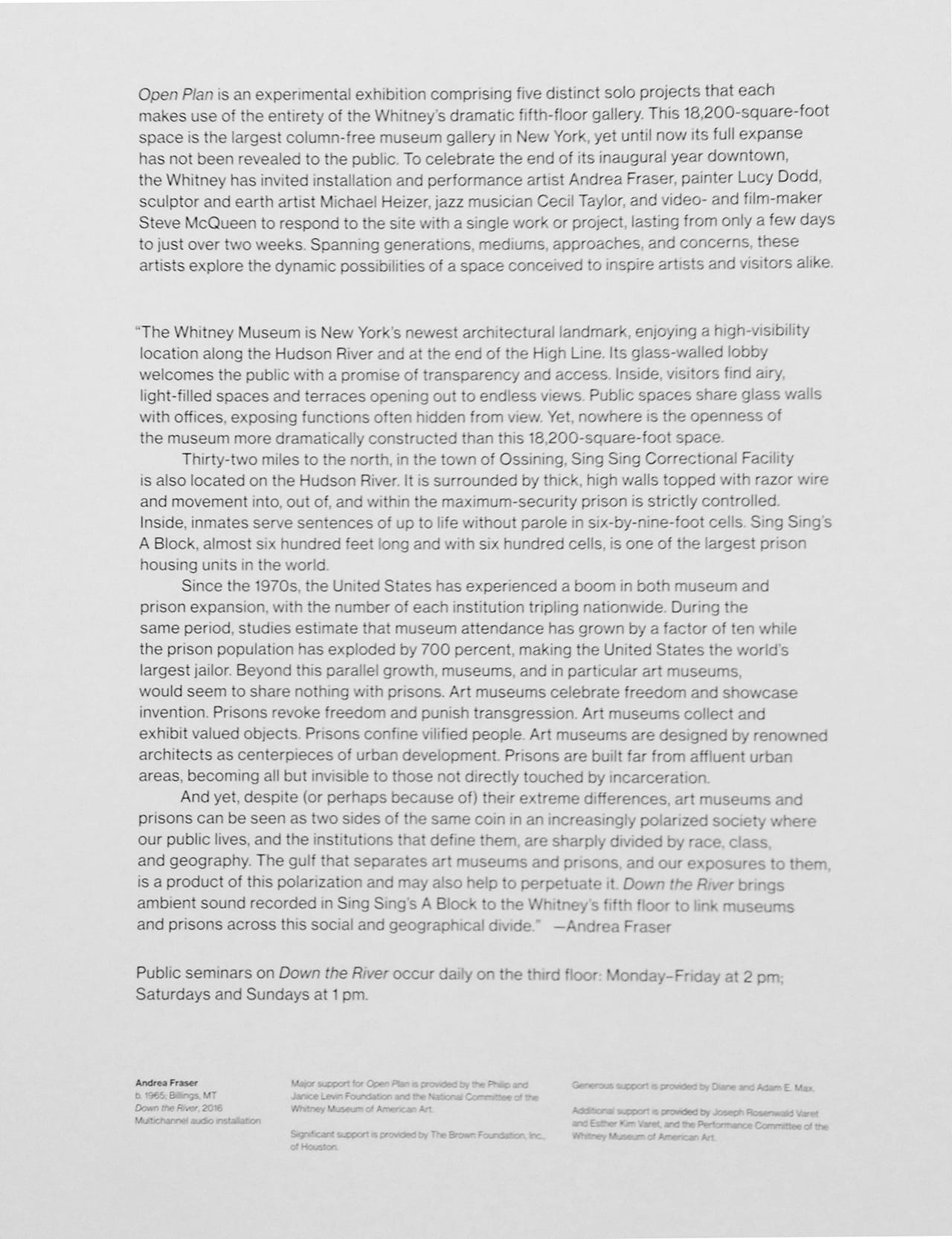 Wall text for 'Andrea Fraser: Open Plan' (click to enlarge)