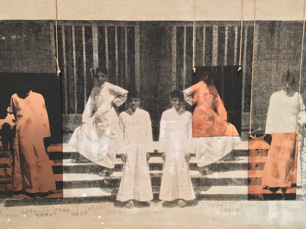 Manal Al Dowayan, "The Boys" (2015), canvas, copper, string, 140 x 101 cm (all photos by the author for Hyperallergic)