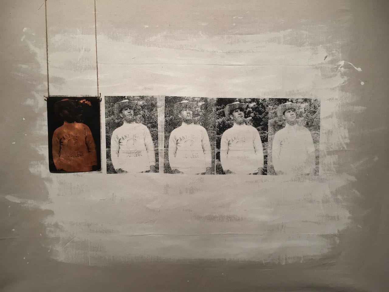 Al Dowayan, "The Cowboys and Copper" (2015), canvas, paint, copper, string, 149 x 116 cm