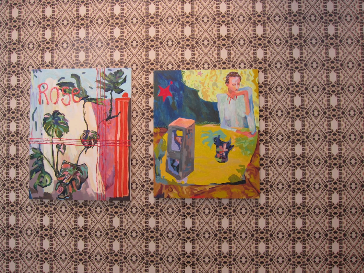 Wallpaper by Michel Auder and paintings by Alex Chaves at Martos Gallery 