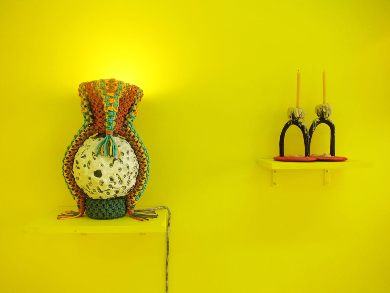 SNEAKYKARMA's "WIN/WIN Lamp" (2016) and Matthew Ronay's "Candelabra" (2016)