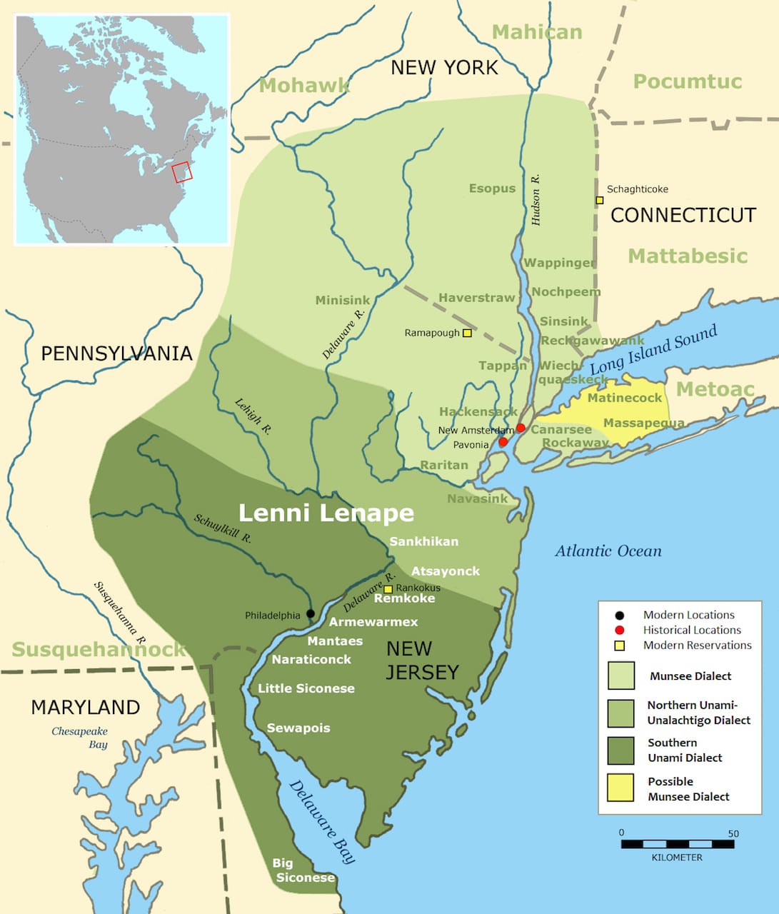 The original Lenape territory, Lenapehoking, divided by dialect; note the place names still in use today (via Wikimedia Commons)