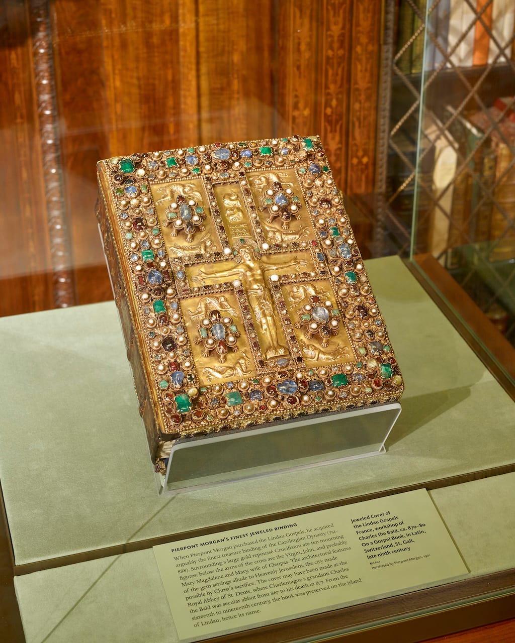 Lindau Gospels. Lindau Gospels, (MS M.1) in case in Mr. Morgan's Library, the East Room, Photography by Graham S. Haber, Februray 2016 (courtesy Morgan Library & Museum)