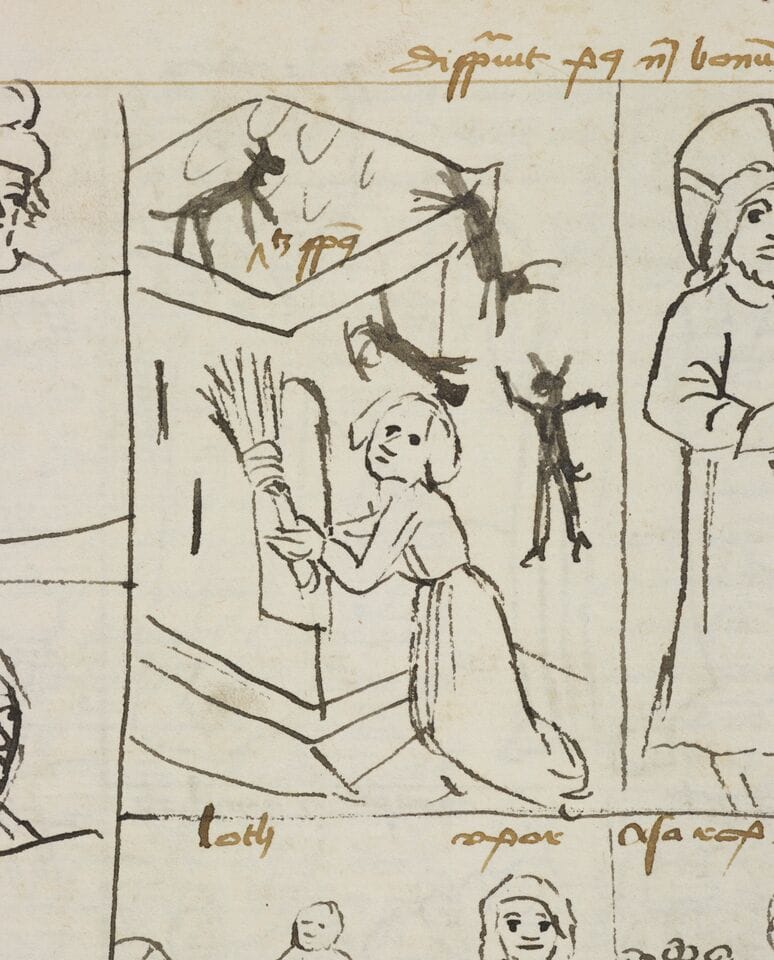 A woman sweeps demons from her home, in Ulrich von Lilienfeld, Concordantiae Caritatis (Concordance of Charity), Lower Austria, Late 1400s. Latin MS 69.