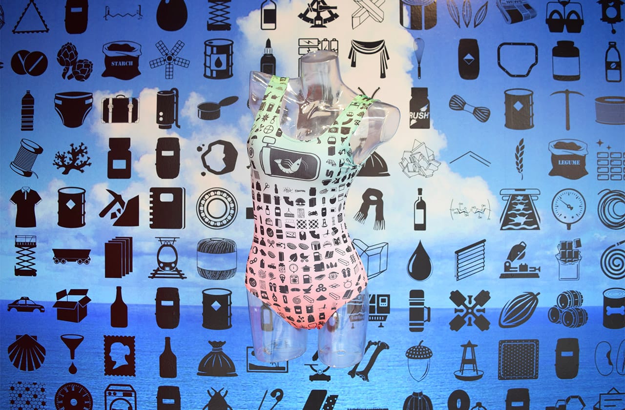 Installation view of Marina Zurkow, 'MORE&MORE (the invisible oceans)' with "Travel Companions for a Canned Crustacean from Guatemala to Mexico" (2016) and "Clouds_over_the_Atlantic_Ocean.jpg (from the Wikipedia article “Ocean”) with HS code icons" (2016)