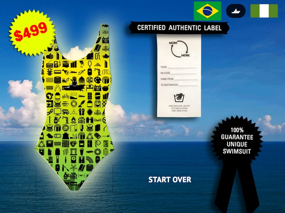 The author's customized swimsuit mockup, representing the shipment of a tugboat from Nigeria to Brazil, on moreandmore.world (screenshot by the author)