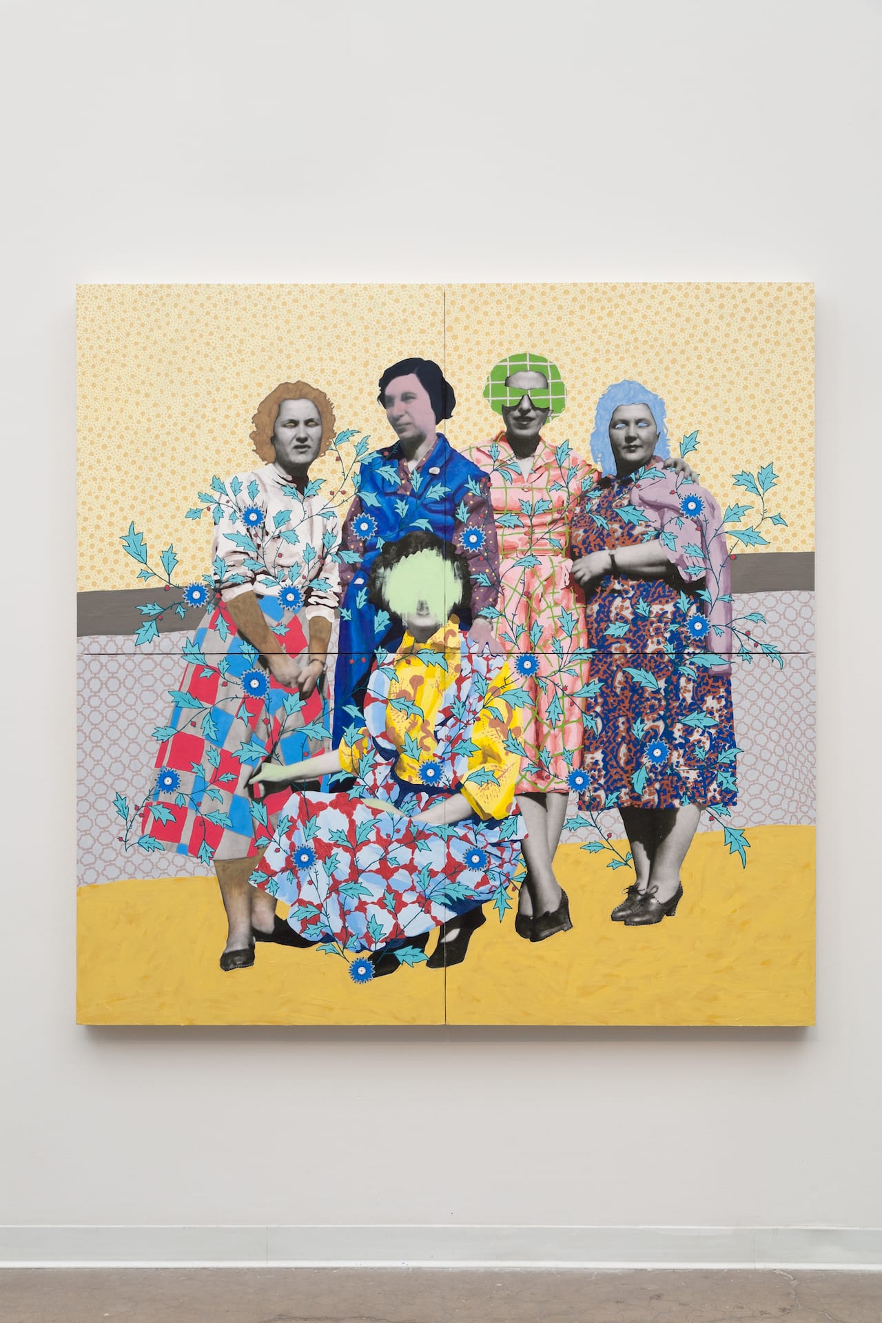 Daisy Patton, "Untitled (Fie Patterned Women)," mixed media painting, oil on inkjet print, mounted on panel, 72 x 72 in