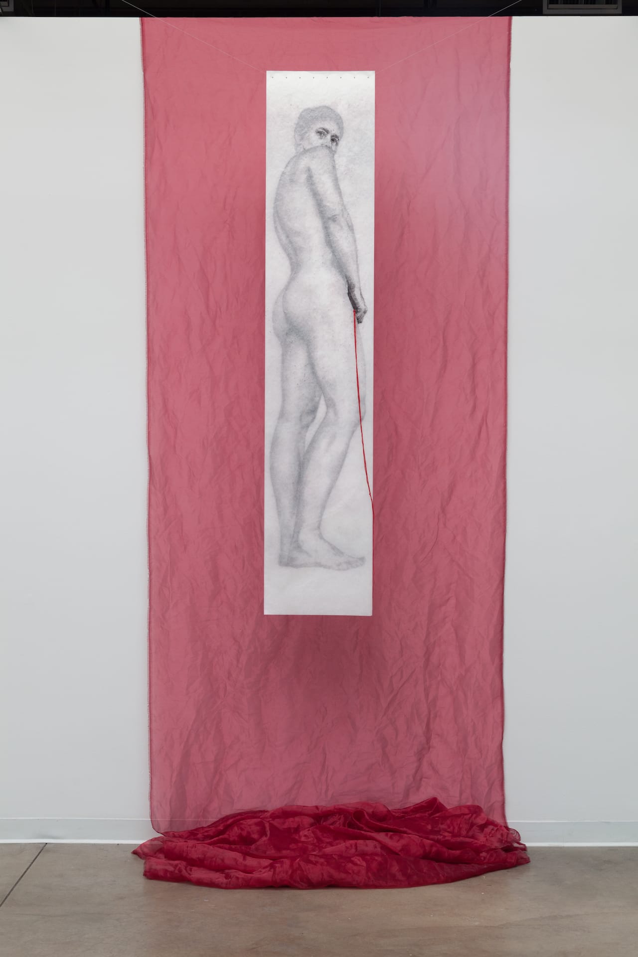 Jennifer Ghormley, "Verge Trace," monotype, colored pencil, glassine, frosted mylar, thread, grommets, 16 x 72 in