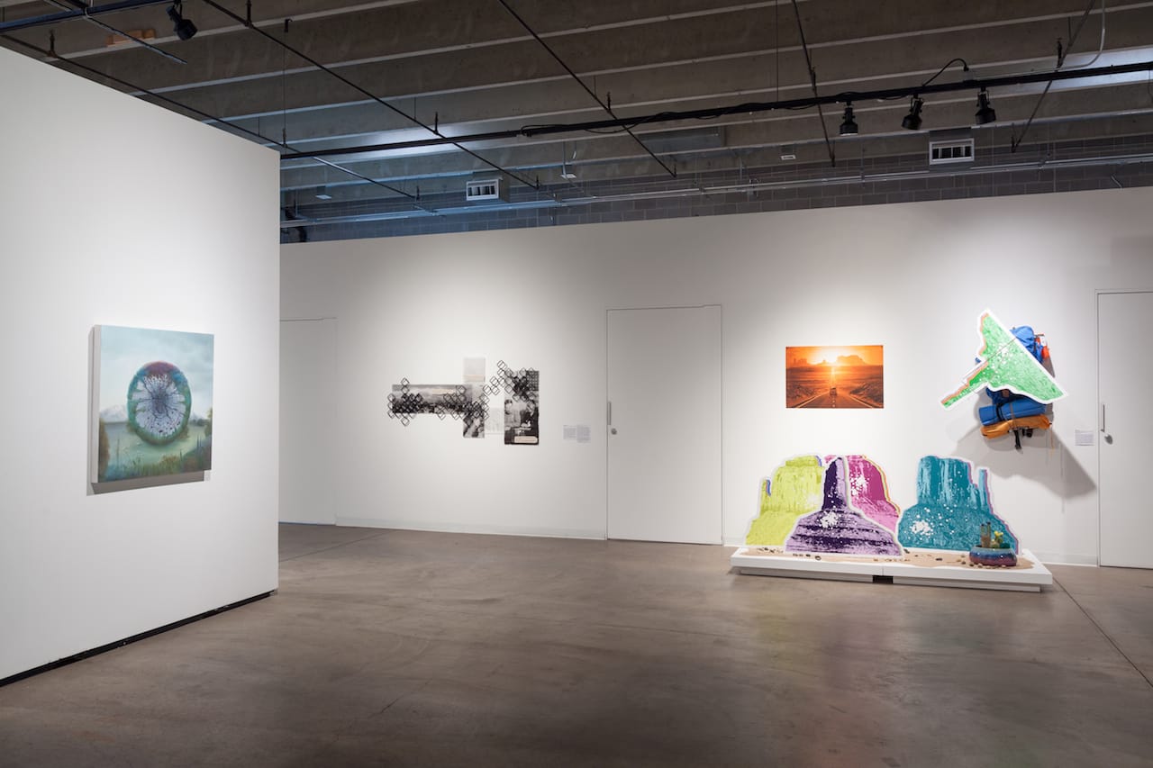 Installation view of 'Monumental' at RedLine with works by Sarah Fukami (center) and Libby Barbee (right)