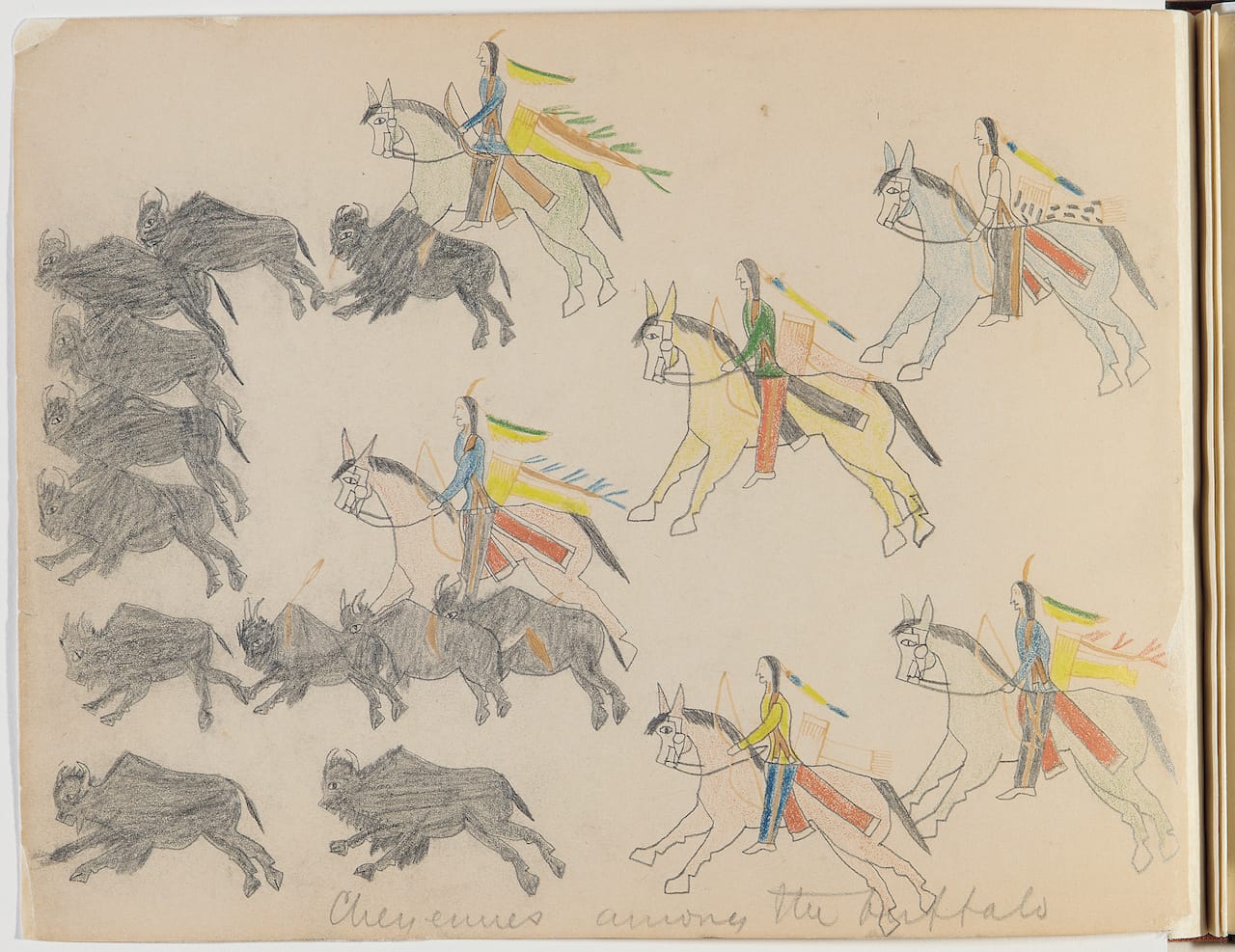 Bear’s Heart (Southern Cheyenne, 1851-1882), Cheyennes Among the Buffalo, ca. 1875. Paper, graphite, crayon. Drawn, bound. Drawing titled in pencil by Lt. Richard Henry Pratt, later the founder of the Carlisle Indian School. Photo by Carmel Guadagno, NMAI. (20/6231)