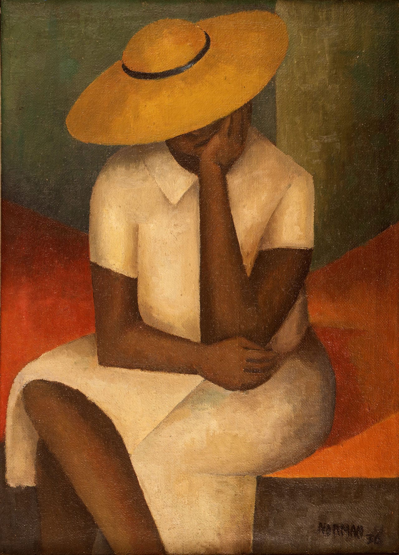 Norman Lewis, "Girl with Yellow Hat" (aka "Woman with Yellow Hat and Yellow Hat") (1936), oil on burlap, 36 1/2 x 26 in (courtesy of Leslie Lewis and Christina Lewis Halpern from the Reginald F. Lewis Family Collection; © Estate of Norman W. Lewis; courtesy of Michael Rosenfeld Gallery LLC, New York, NY)