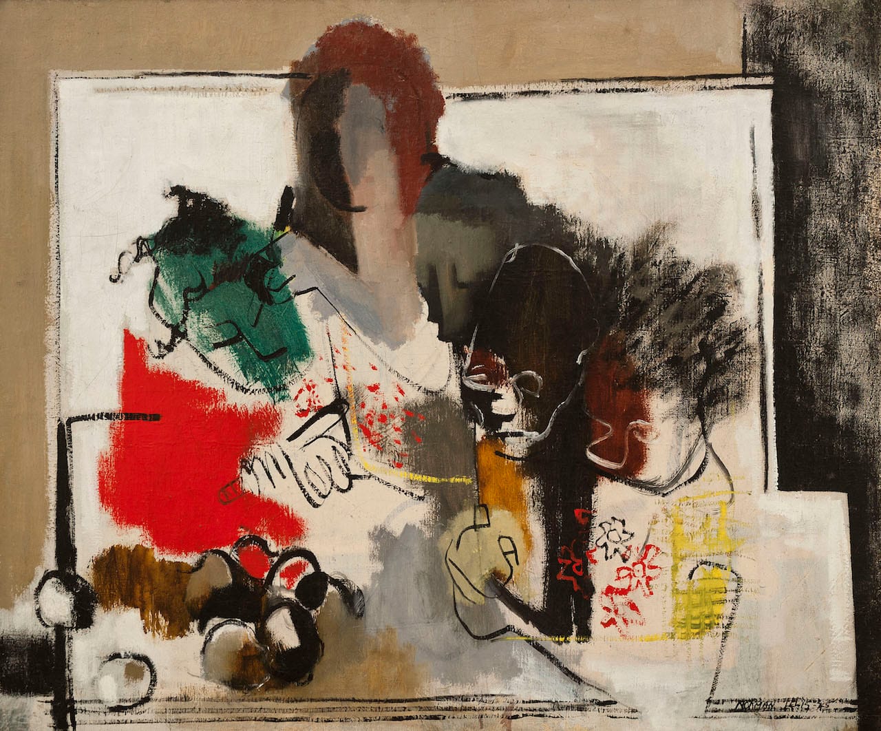 Norman Lewis, "Title unknown (Potato Eaters)" (1945), oil on canvas, 30 x 36 in (Collection of Raymond J. McGuire, New York; © Estate of Norman W. Lewis; courtesy of Michael Rosenfeld Gallery LLC, New York, NY)