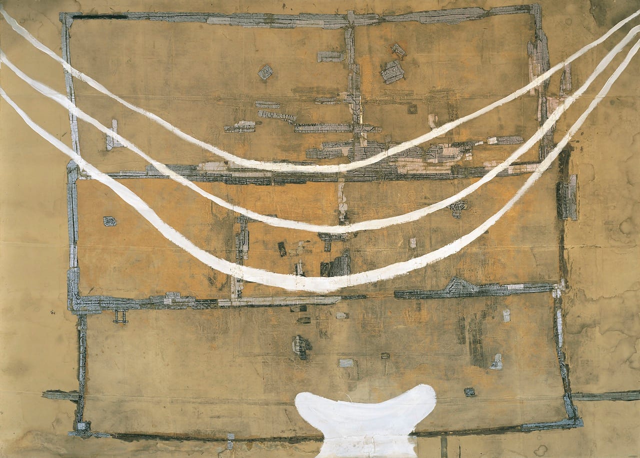 Julian Schnabel, "The Edge of Victory" (1987), Gesso, gaffer tape, sweat and blood on boxing ring floor, 136 x 192 inches (© Julian Schnabel Studio, via blumandpoe.com)