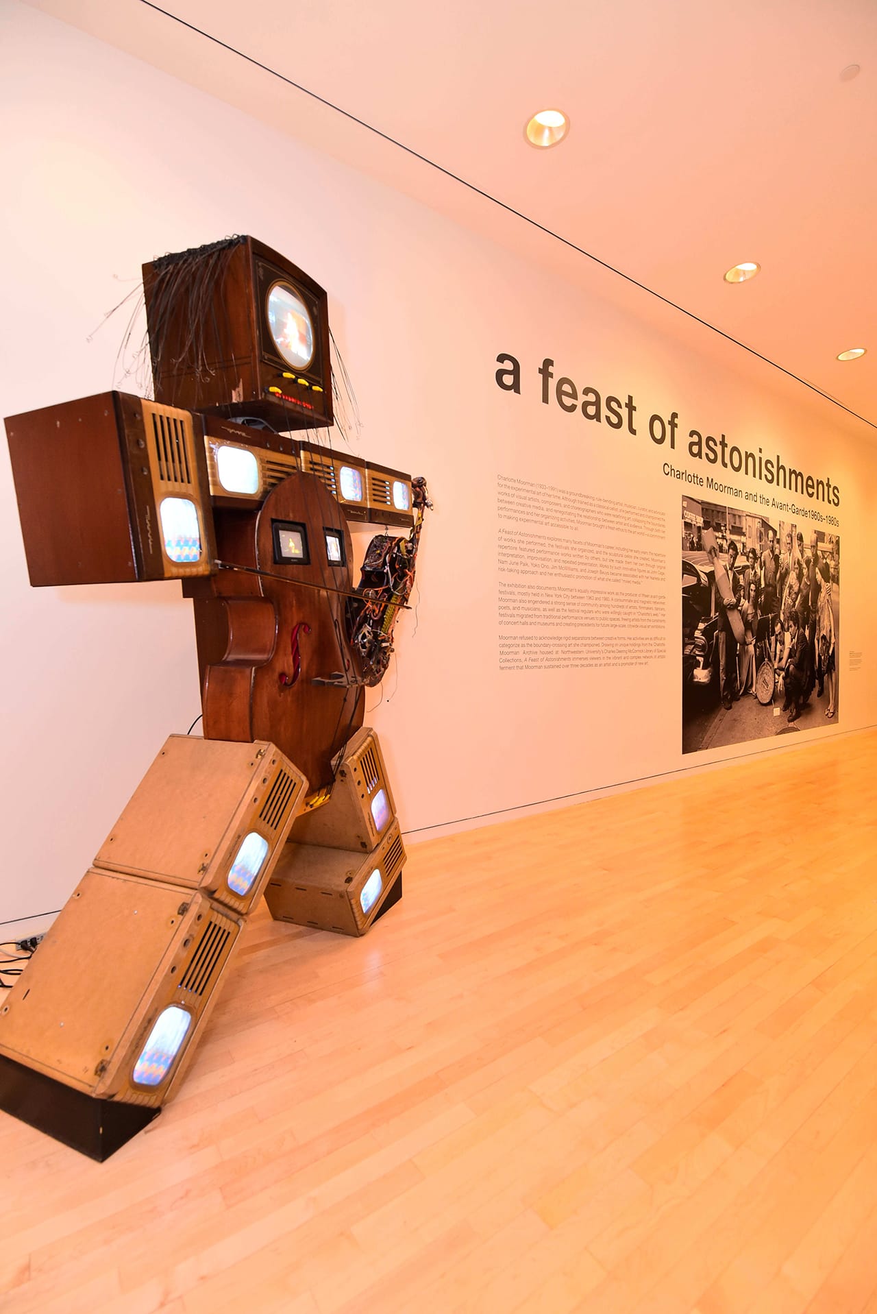 Installation view, 'A Feast of Astonishments,' showing Nam June Paik's "Charlotte Moorman II" (1995), mixed media, cellos, viola, and televisions, Collection Rose Art Museum, Brandeis University (click to enlarge)