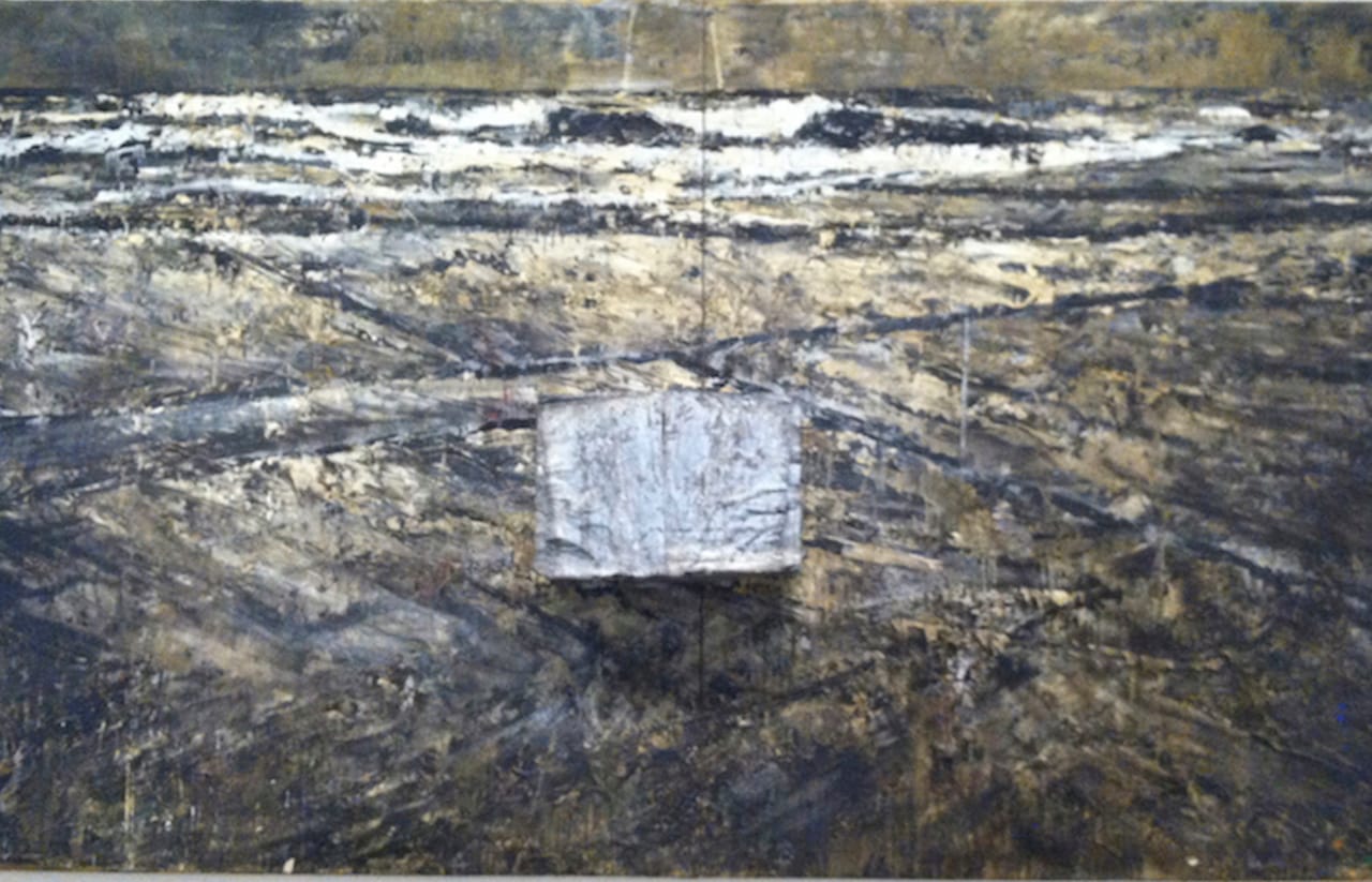 Anselm Kiefer, "The Book" (1979–1985), oil, lead, photographic paper, straw, and fabric on canvas, 330.2 x 552.7 cm, at the Hirshhorn Museum, Smithsonian Institution, Washington DC (all photos by the author for Hyperallergic unless otherwise noted)