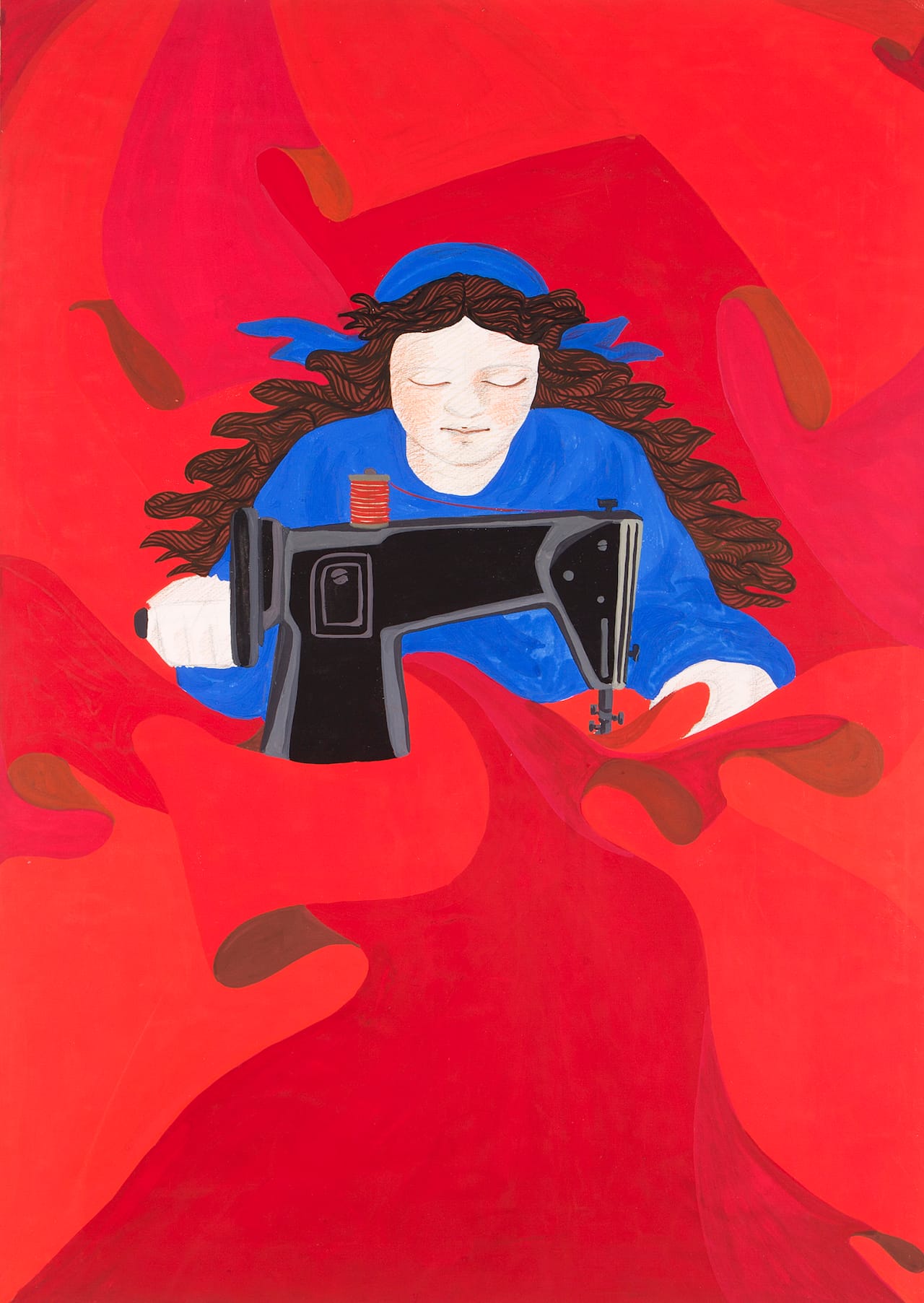Gülsün Karamustafa First of May (Woman Constantly Sewing Red Flags with her Sewing Machine), 1978 Mixed media on paper 27⅝ x 19¾ in. (70.2 x 50.2 cm) Collection of Rampa, Istanbul © Gülsün Karamustafa, image provided by the artist