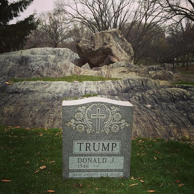 The Trump tombstone in Central Park (photo via @sachinrb/Instagram)