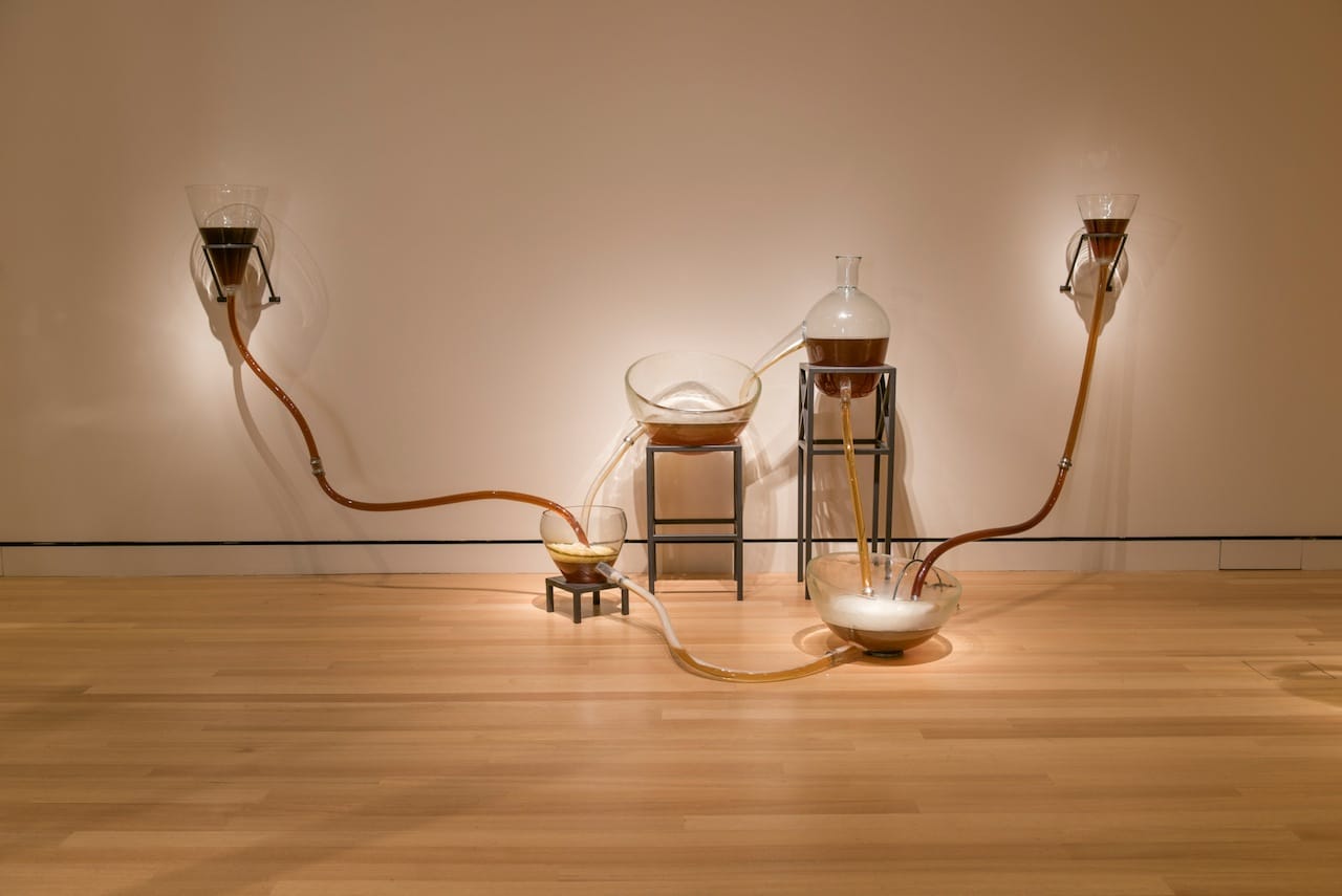 Maria Magdalena Campos-Pons, "Alchemy of the Soul, Elixir for the Spirits" (2015), blown glass, steel, cast resin, silicone, and acrylic, at the Peabody Essex Museum (photo by Peter Vanderwarker, © 2016 Peabody Essex Museum)