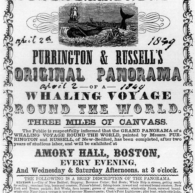Advertisement for an 1849 showing of the "Whaling Voyage Around the World" moving panorama at Boston's Amory Hall (via Wikimedia)