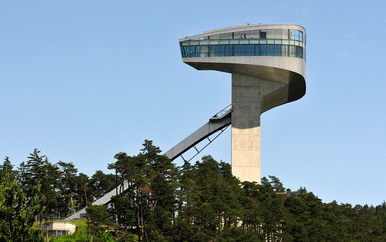 Zaha Hadid's Bergisel Schanze ski jump in Innsbruck, Austria (photo by Ralf Roletschek, via Wikimedia Commons)