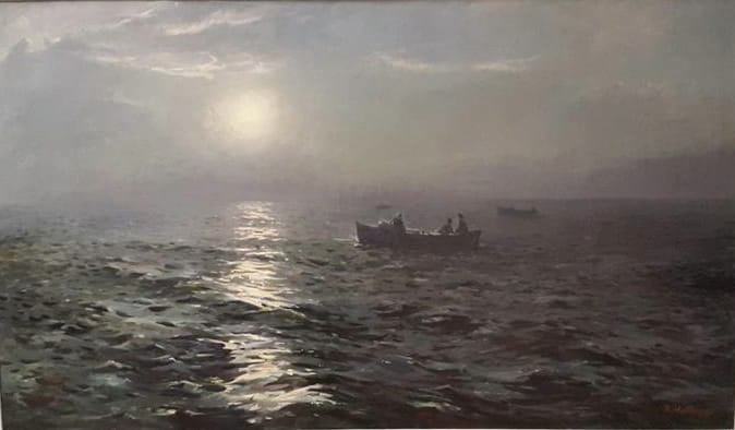 Richard Uutmaa, "On a Nocturnal Sea" (1956), oil on canvas (photo by the author for Hyperallergic)