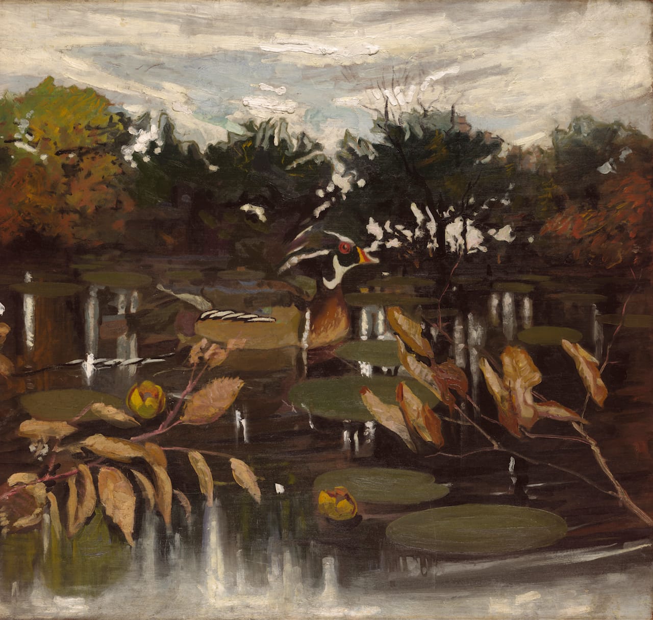 Abbott Handerson Thayer, "Male Wood Duck in a Forest Pool," study for 'Concealing Coloration in the Animal Kingdom' (1909), oil on board (courtesy family and estate of Abbott Handerson Thayer)