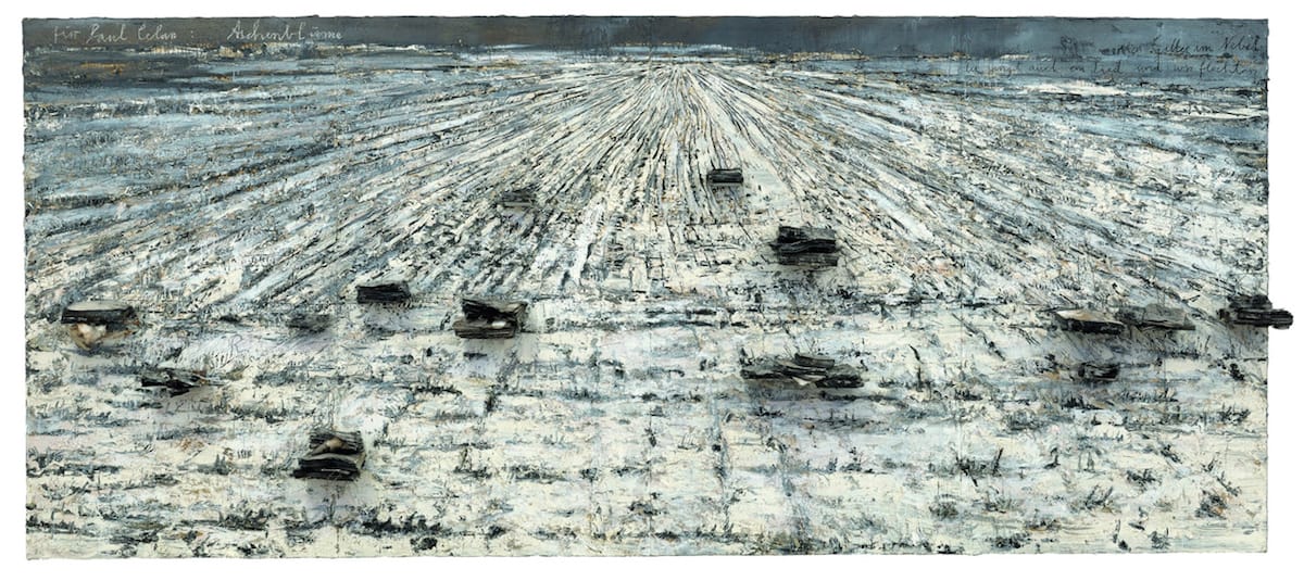 Anselm Kiefer, "Für Paul Celan: Aschenblume" (“For Paul Celan: Ash Flower,” 2006), oil, acrylic emulsion, shellac, and burned books burned on canvas (private collection, photo © Charles Duprat)