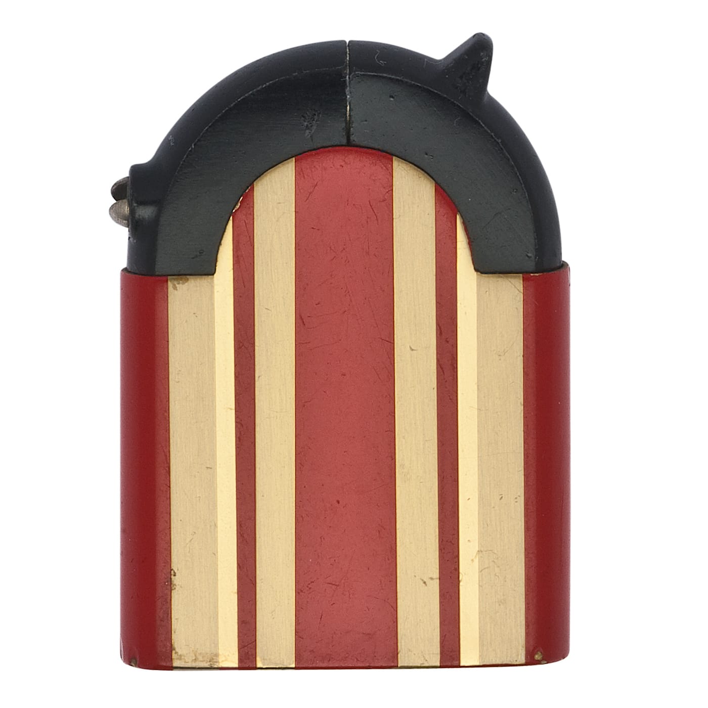 Cigarette lighter (Germany, 1936), enamel on metal with black composite arches, produced by Kaschie, Nuremberg (© Rodney and Diana Capstick-Dale)