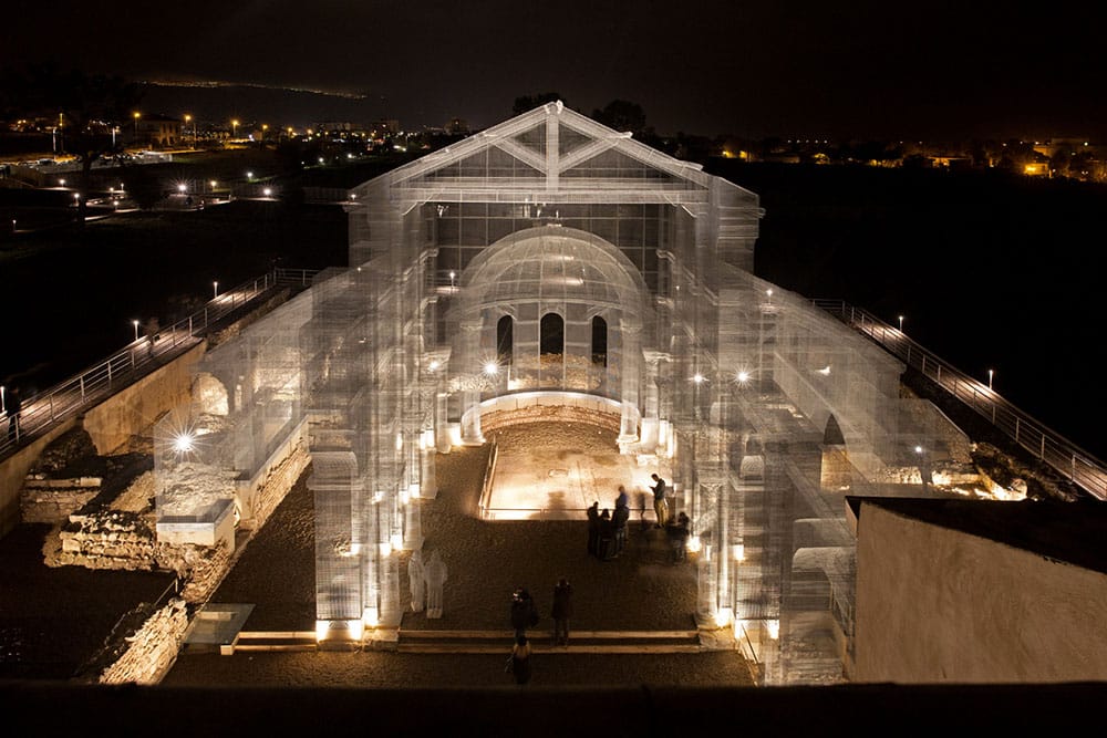 Using wire mesh, artist Edoardo Tresoldi has built an interpretation of an early Christian church that once stood in its place at the current Archaeological Park of Siponto, Italy. (via Colossal)