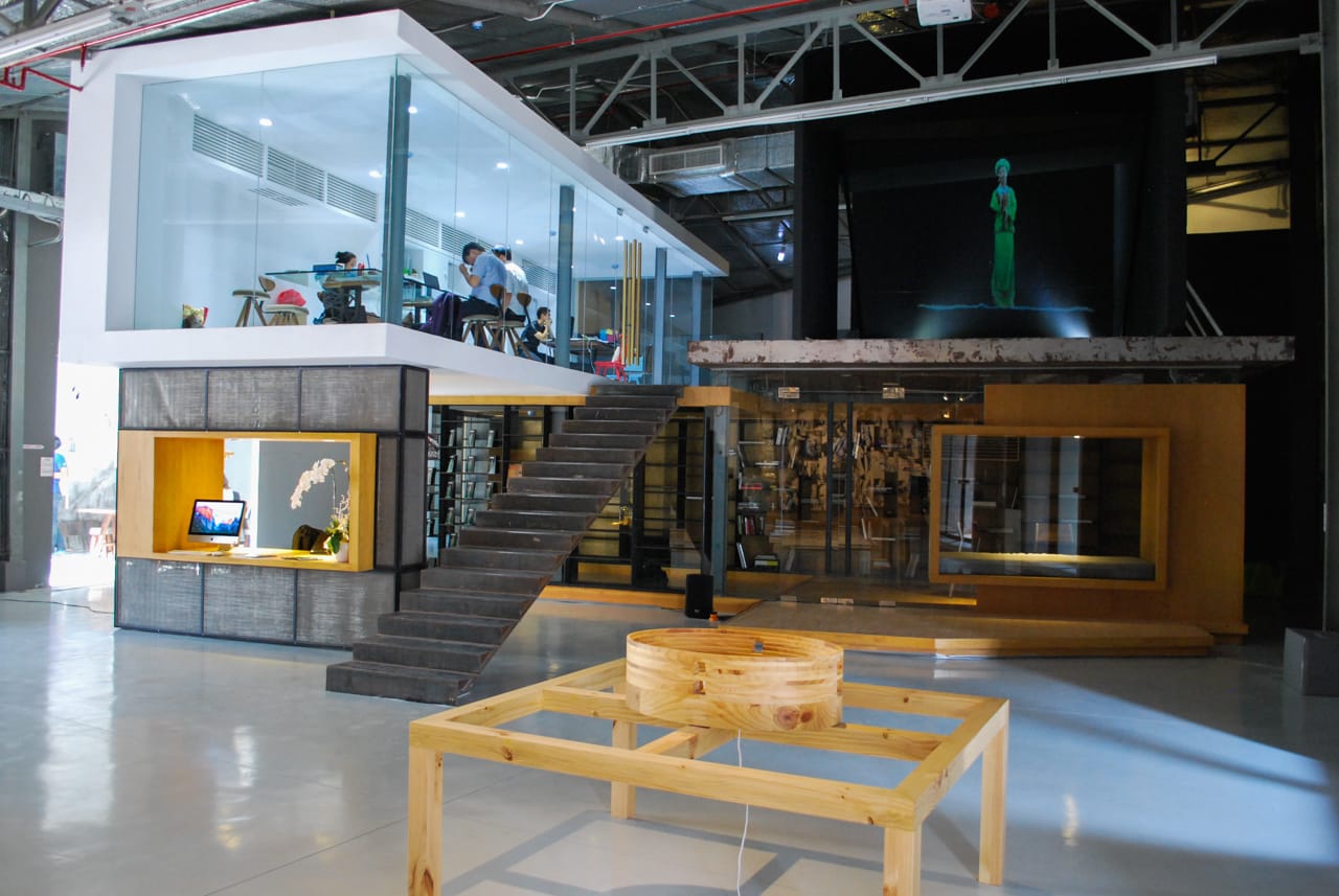 The Factory's offices, installations, with the coming library below. All photographs by the author.