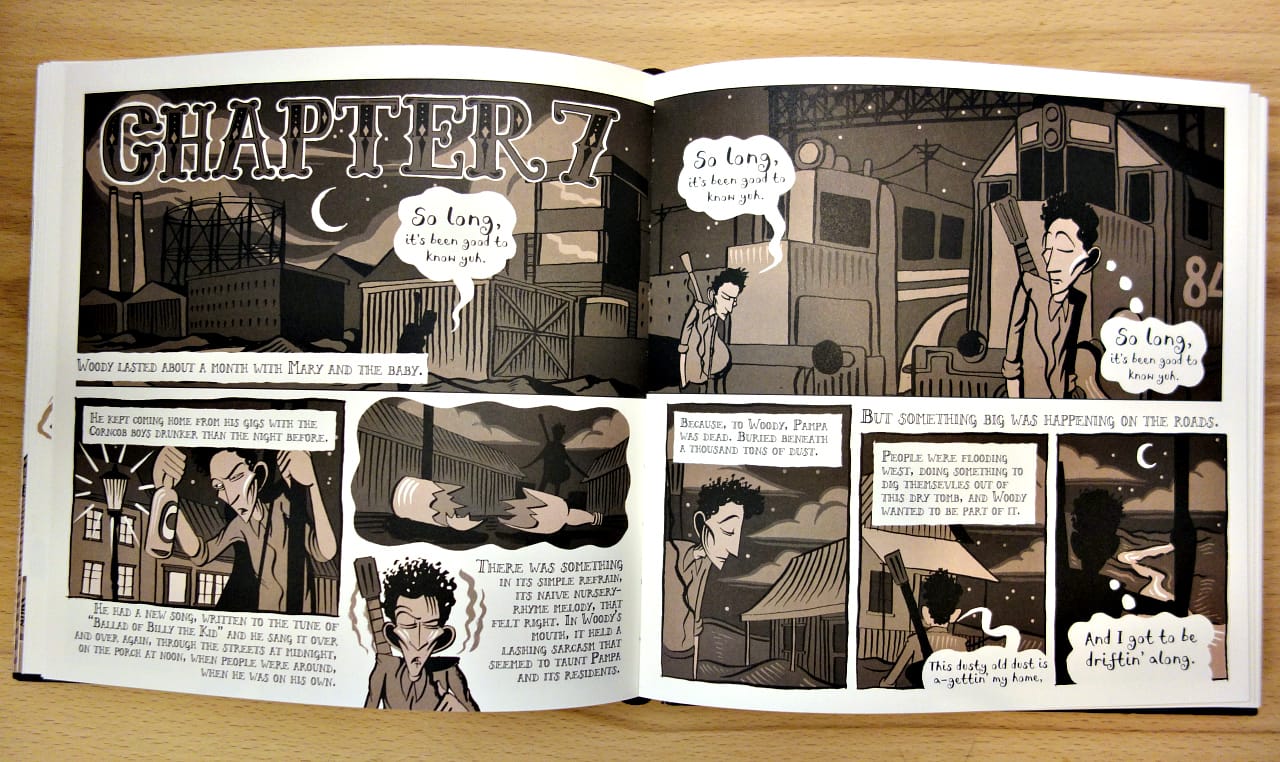 Pages from 'Woody Guthrie and the Dust Bowl Ballads' (photo of the book for Hyperallergic)