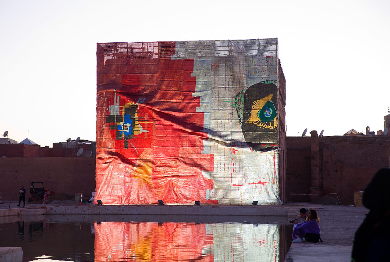 El Anatsui's "Kindred Viewpoints" installed at the Palais El Badii (photo courtesy Marrakech Biennale 6, © Jens Martin)