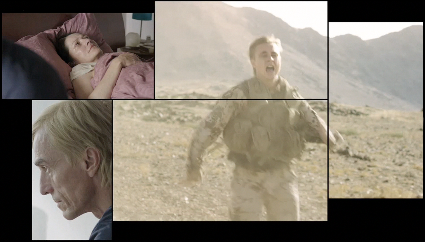 Omer Fast, "Spring" (film still, 2016), HD video with five-screen projection, color, sound (German spoken, English subtitles), 44:15 min looped (all images courtesy the artist and James Cohan, New York)