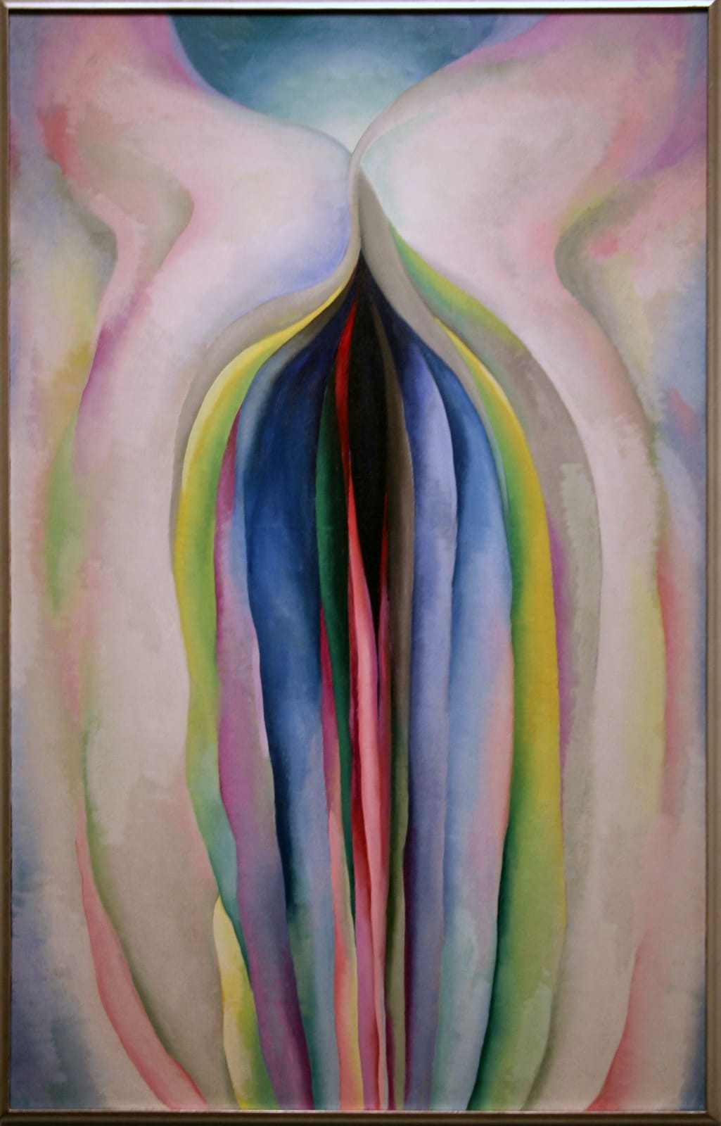 Georgia O'Keeffe, "Grey Line with Black, Blue and Yellow" (1923), oil on canvas (photo by Cliff/Flickr) (click to enlarge)