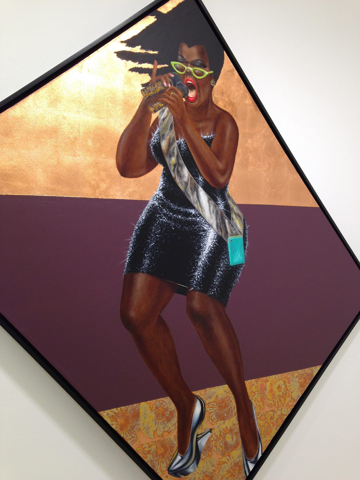 Barkley L. Hendricks, "Anthem" (2015), mixed media including copper leaf, combination leaf, and acrylic on canvas, 75 x 77 in (photo by the author for Hyperallergic)