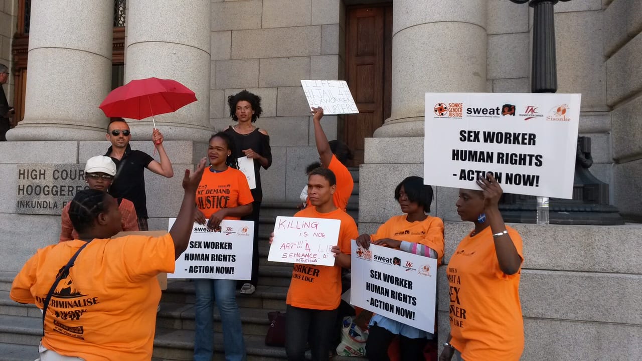 SWEAT protesters outside of Zwelthu Mthethwa trial at the Western Cape High Court (photo courtesy of SWEAT)