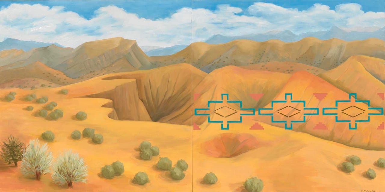 Kay WalkingStick, "New Mexico Desert" (2011), oil on wood panel, 40 x 80 x 2 in, purchased through a special gift from the Louise Ann Williams Endowment, 2013 (National Museum of the American Indian)