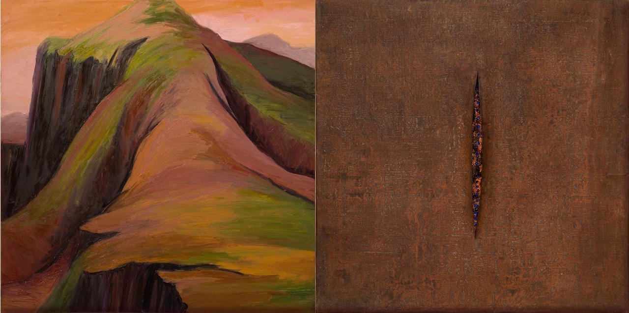 Kay WalkingStick, "Venere Alpina" (1997), oil on canvas (left), steel mesh over acrylic, wax, and plastic stones (right), 32 x 64 in, collection of the artist (photo by Lee Stalsworth, Fine Art through Photography, LLC)