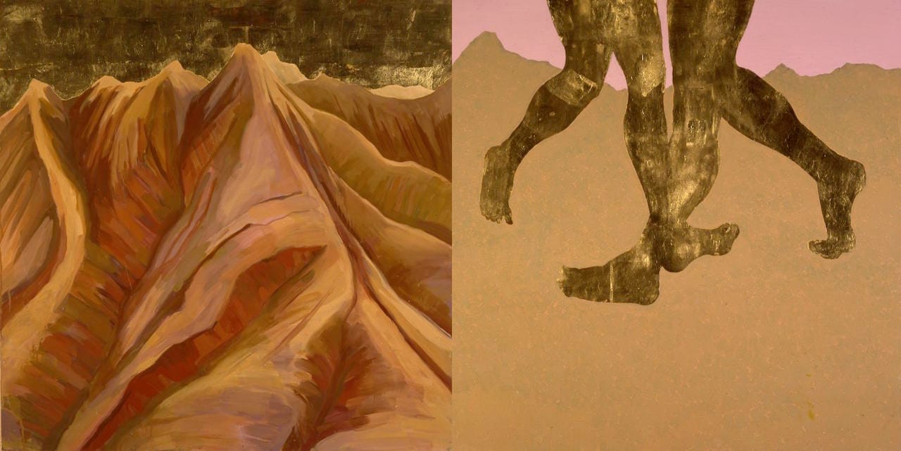 Kay WalkingStick, "Gioioso, Variation II" (2001), oil and gold leaf on wood panel, 32 x 64 in (courtesy of the Eiteljorg Museum of American Indians and Western Art, Indianapolis)